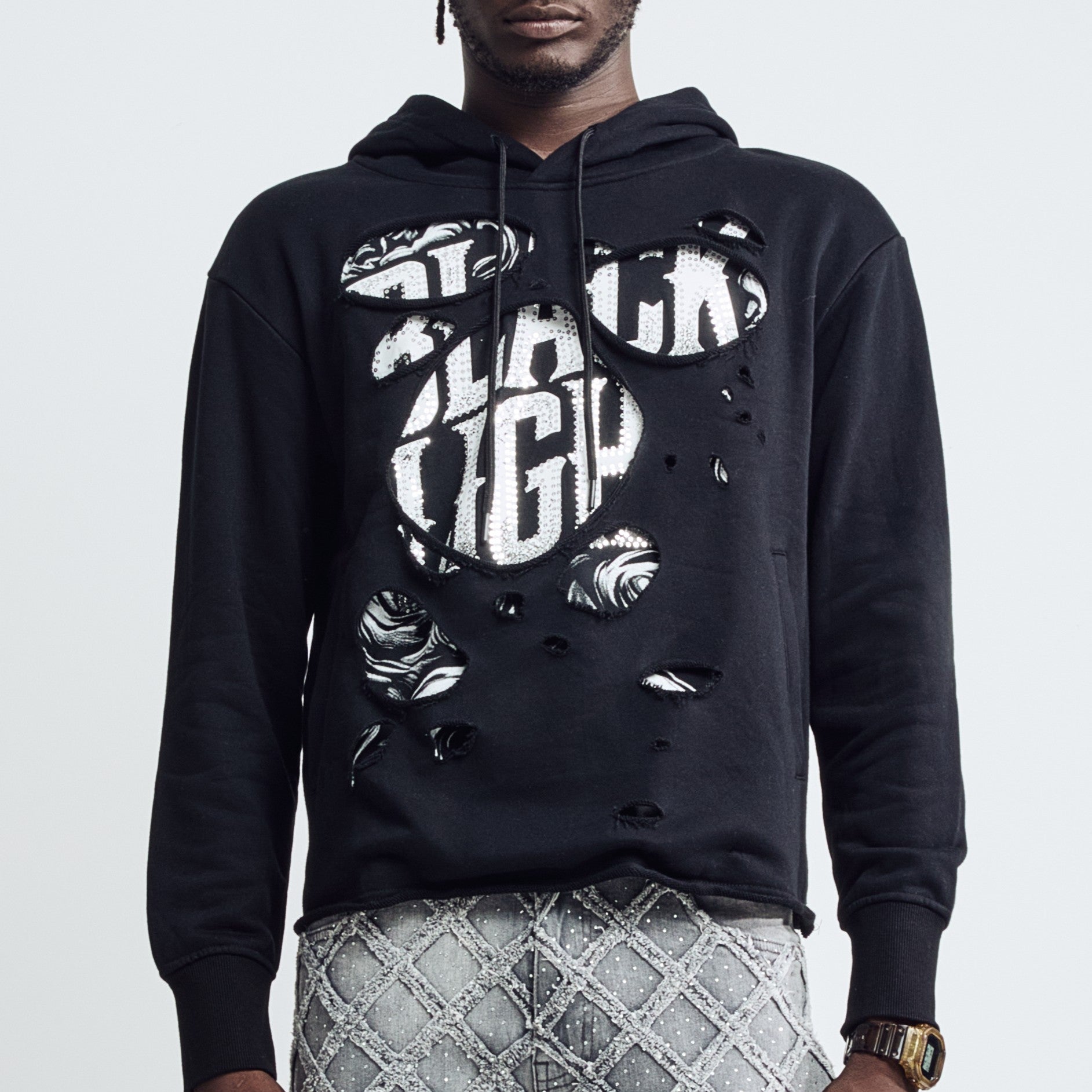 Black Light Men's Distressed Cropped Drop Shoulder Hoodie - Black