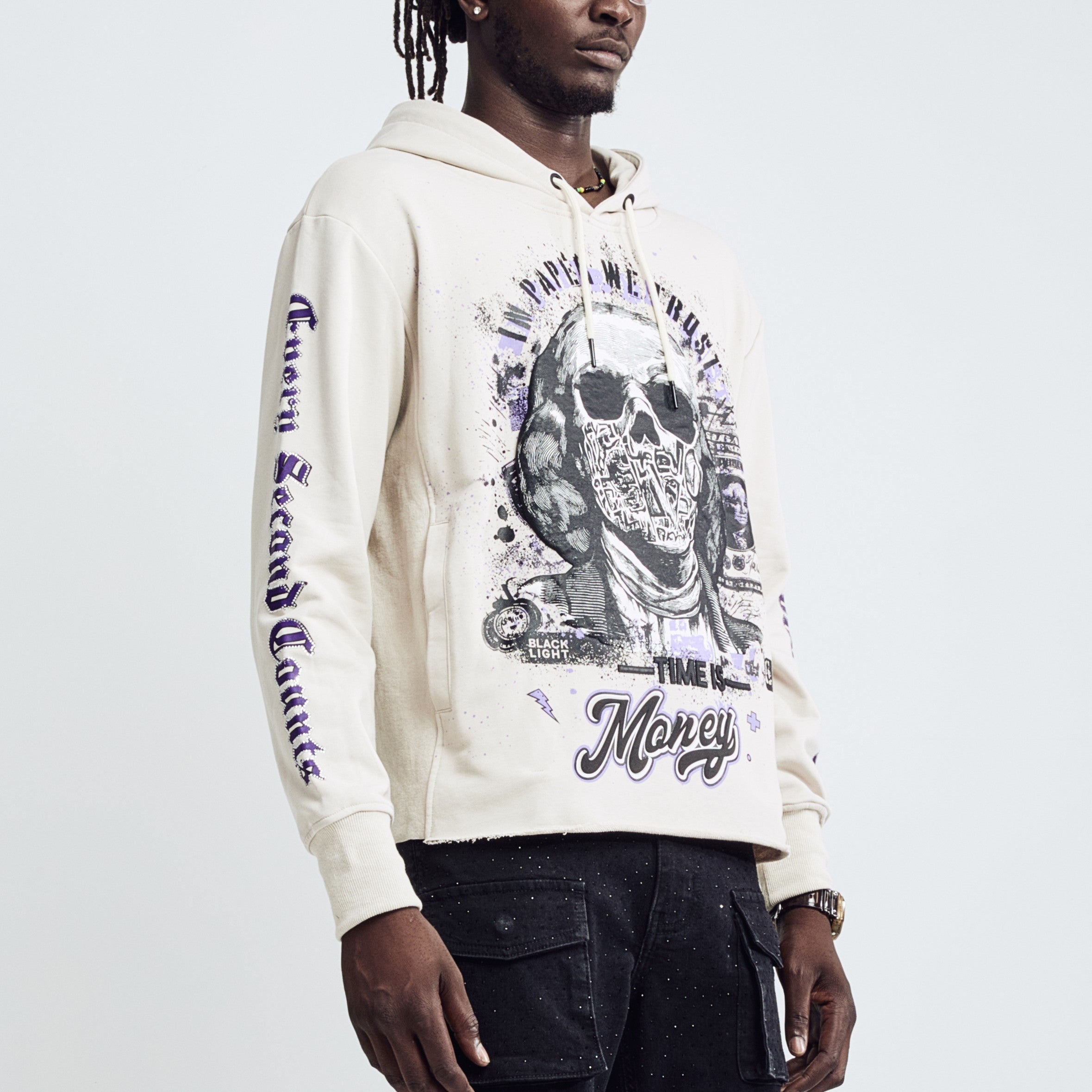 Black Light Men's Long Sleeve Money Grab Graphic Hoodie - Cream