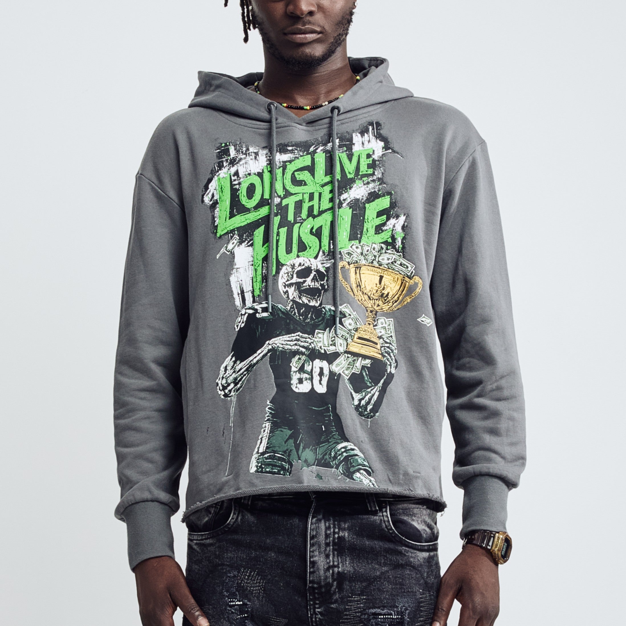 Black Light Skullback Athlete Graphic Hoodie - Fog