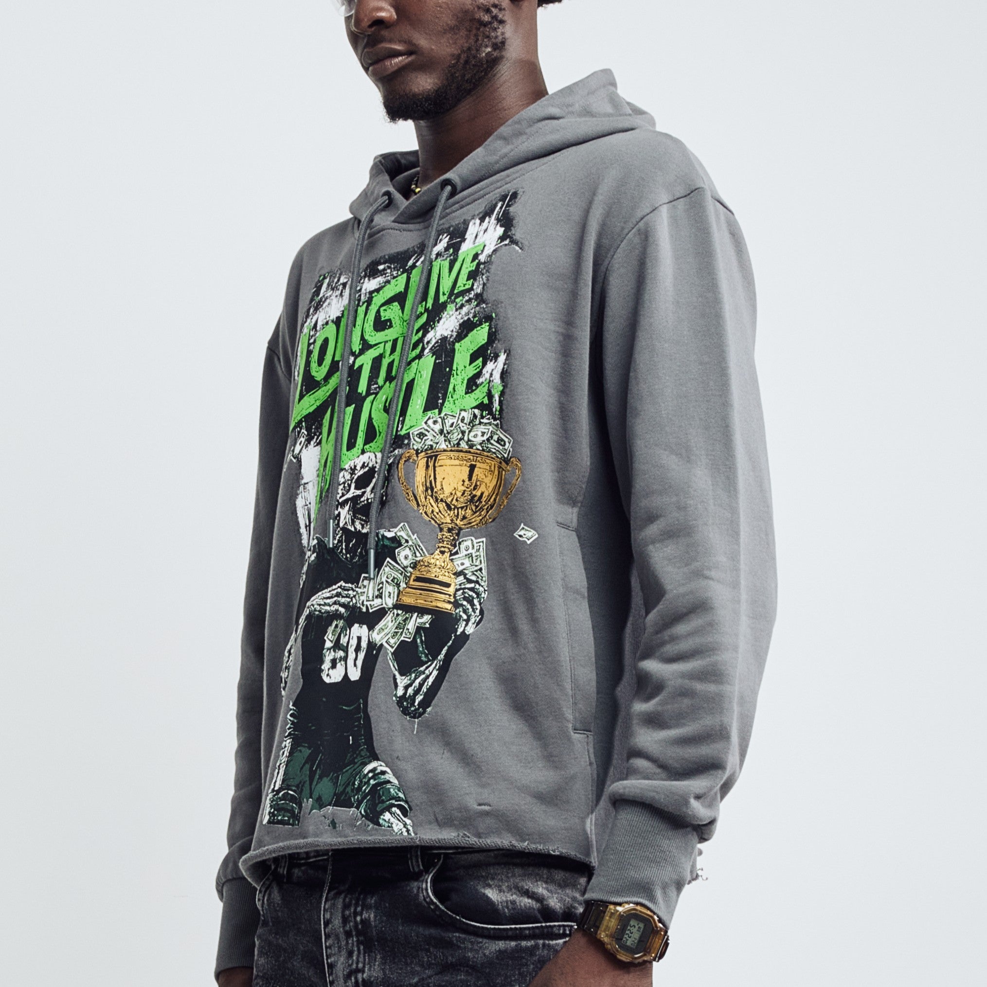 Black Light Skullback Athlete Graphic Hoodie - Fog
