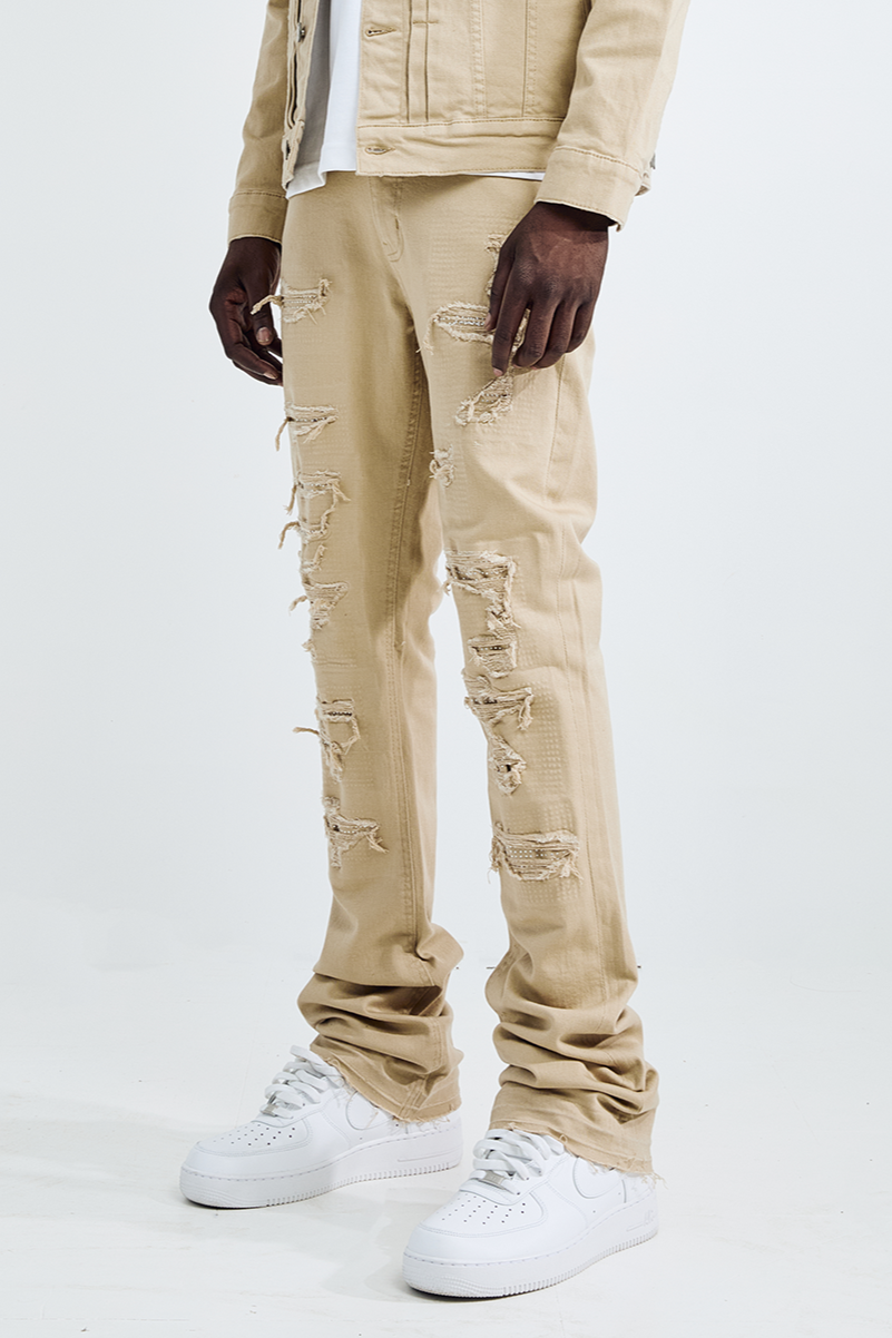 (Set Up) Solid Denim Flare Jeans - Khaki
