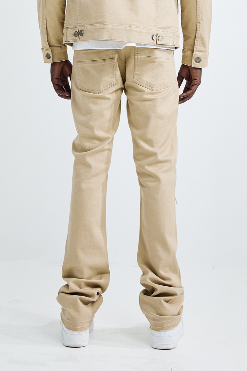 (Set Up) Solid Denim Flare Jeans - Khaki