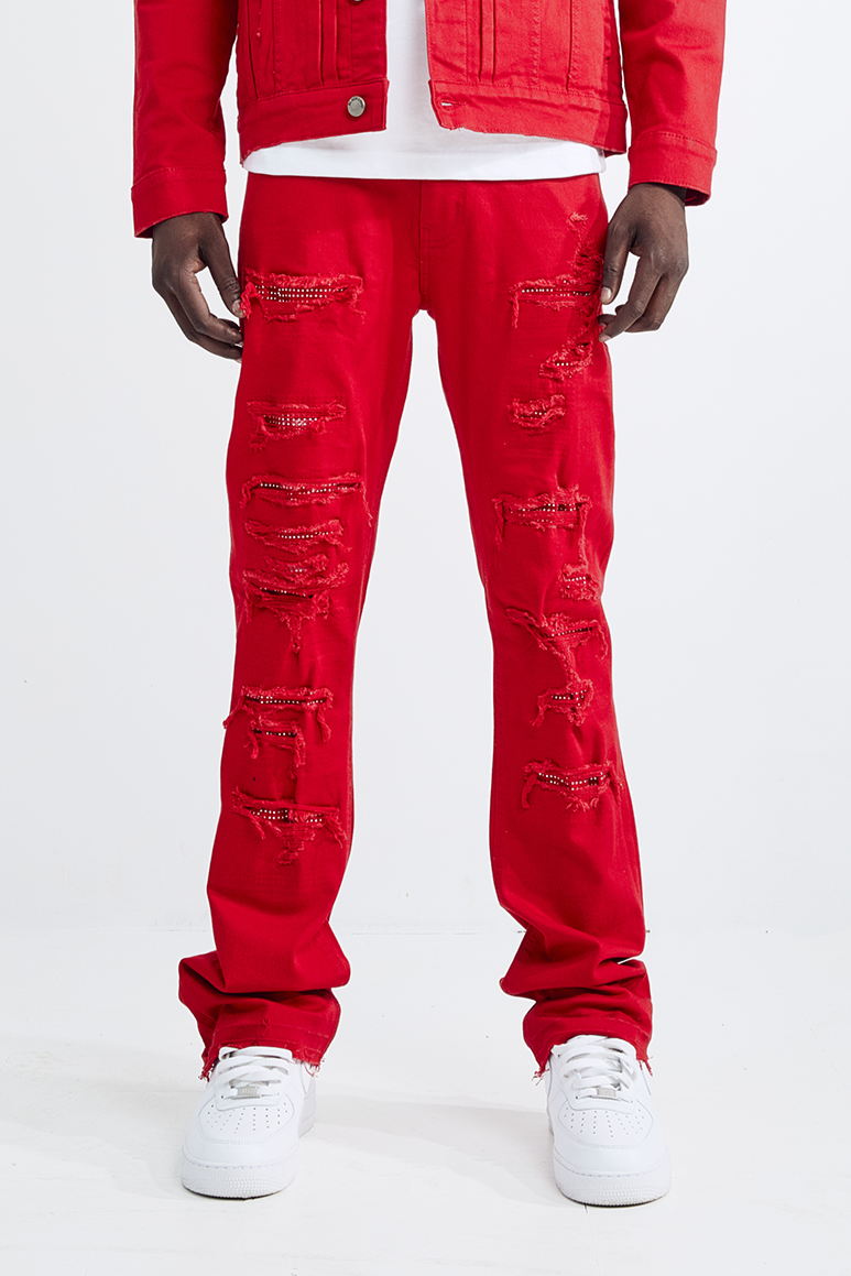 (Set Up) Solid Denim Flare Jeans - Red