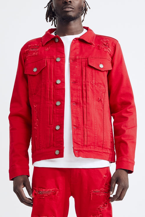 (Set Up) Solid Denim Trucker Jacket - Red