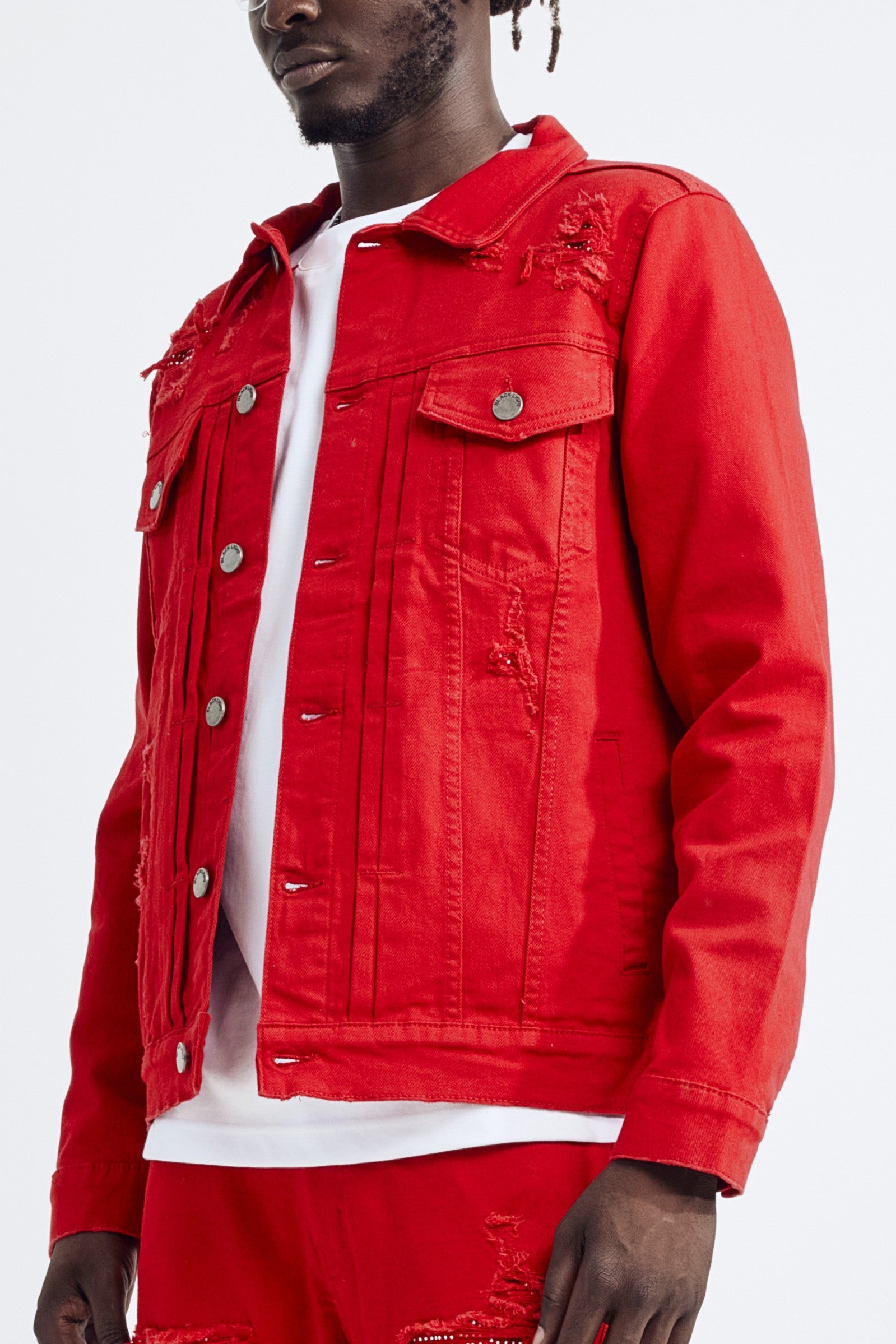 (Set Up) Solid Denim Trucker Jacket - Red
