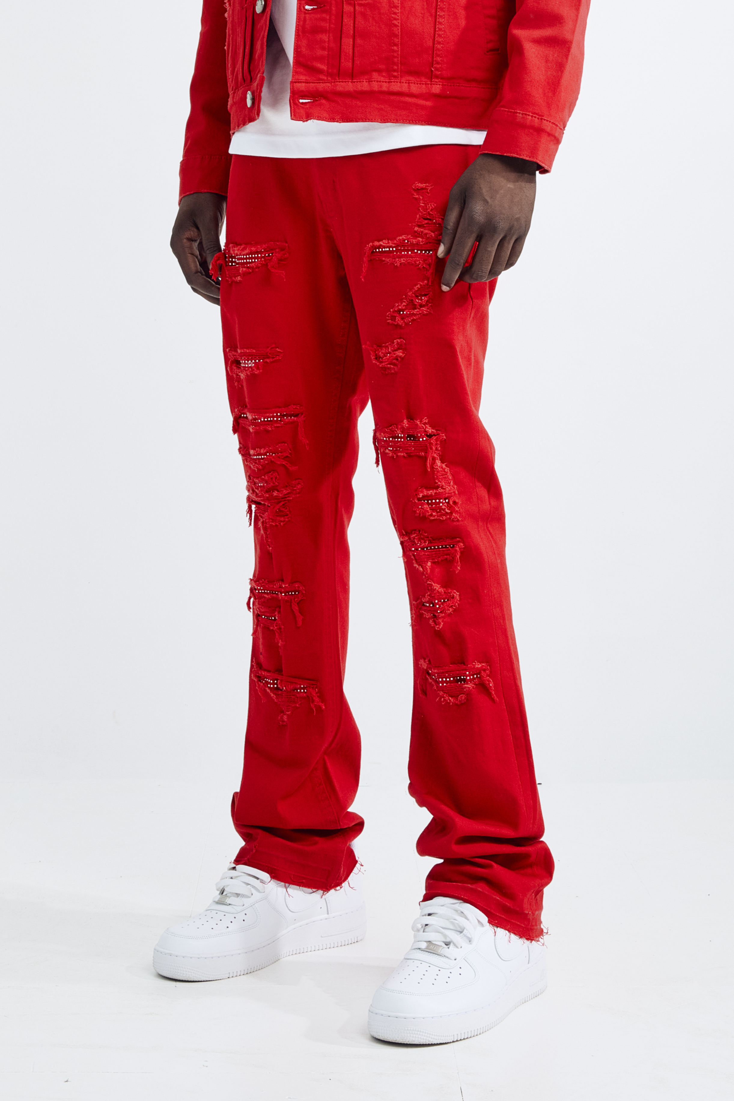 (Set Up) Solid Denim Flare Jeans - Red