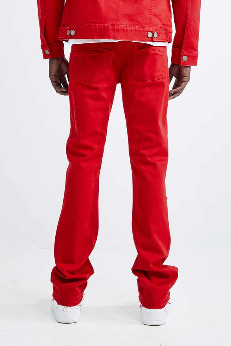 (Set Up) Solid Denim Flare Jeans - Red