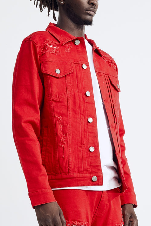 (Set Up) Solid Denim Trucker Jacket - Red