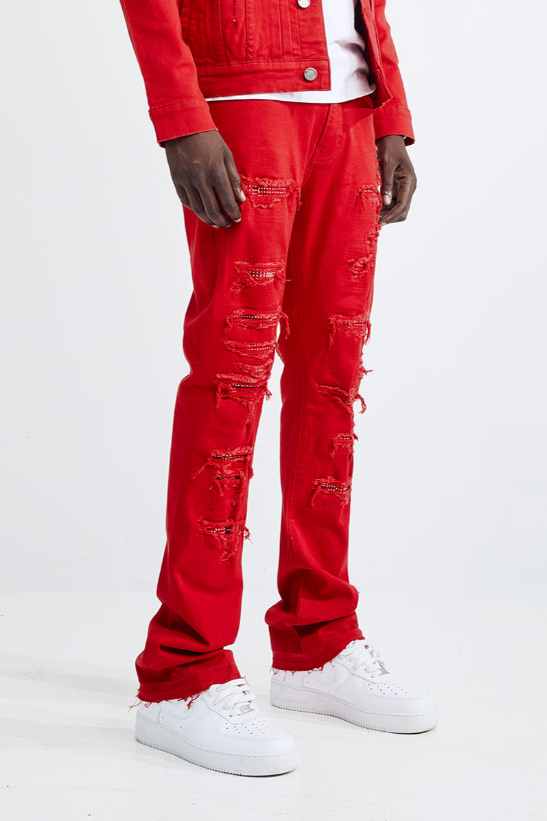 (Set Up) Solid Denim Flare Jeans - Red
