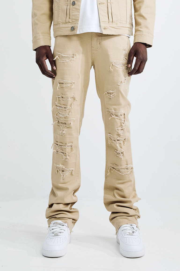 (Set Up) Solid Denim Flare Jeans - Khaki