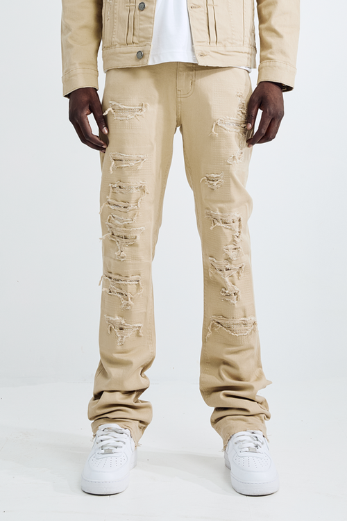 (Set Up) Solid Denim Flare Jeans - Khaki
