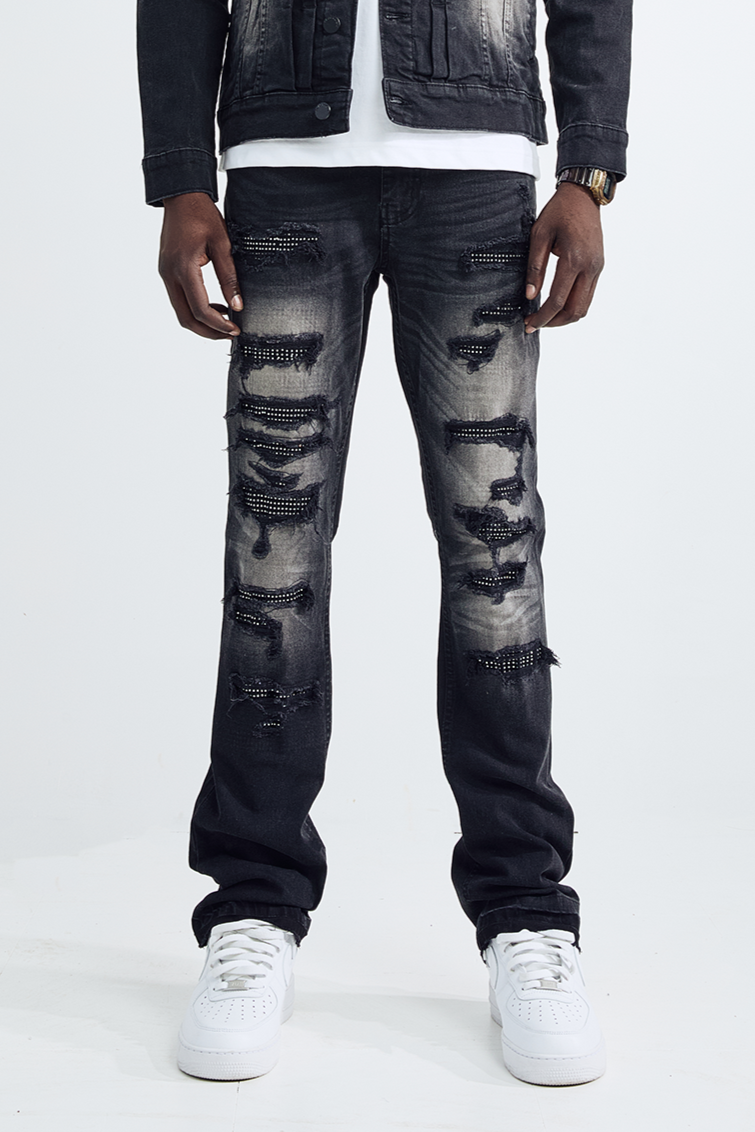 (Set Up) Washed Denim Flare Jeans - Black