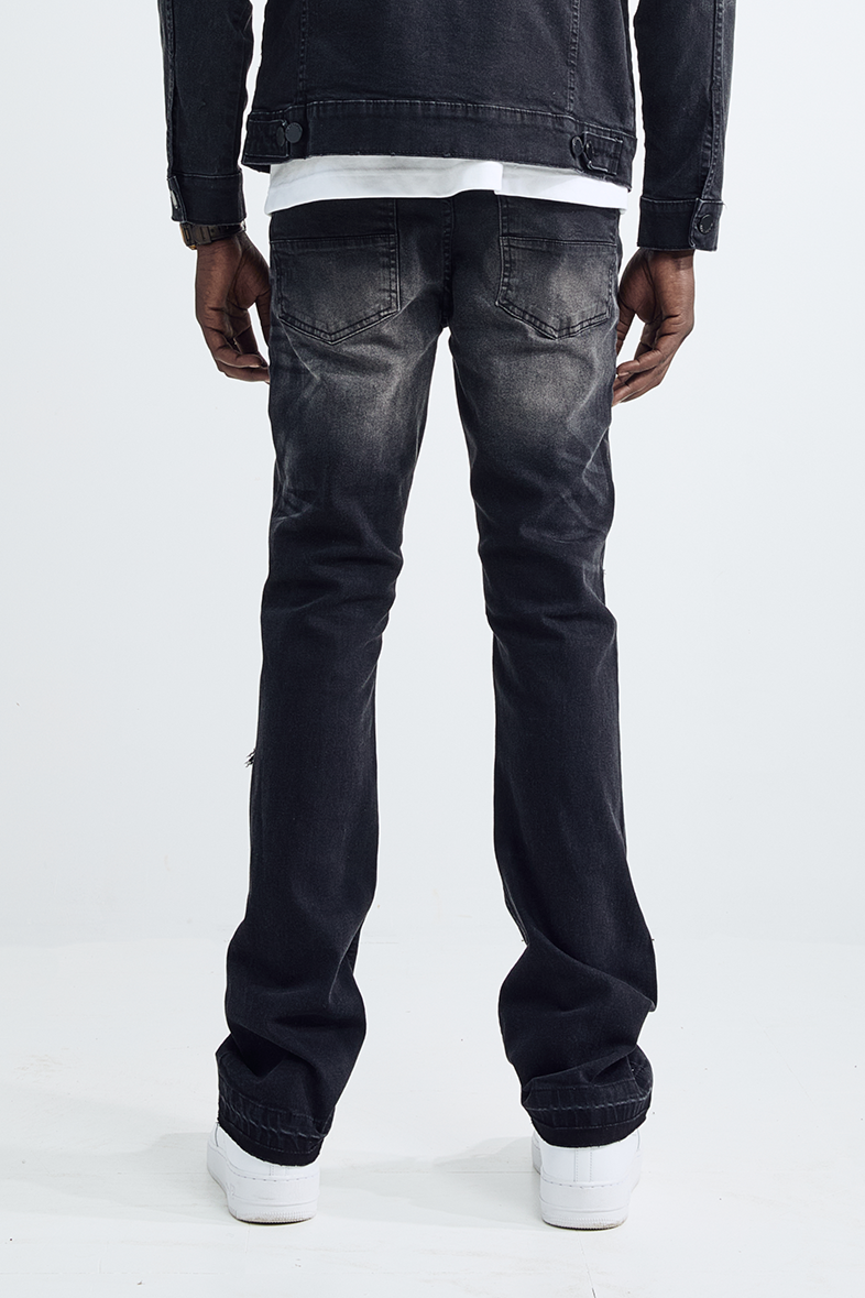 (Set Up) Washed Denim Flare Jeans - Black