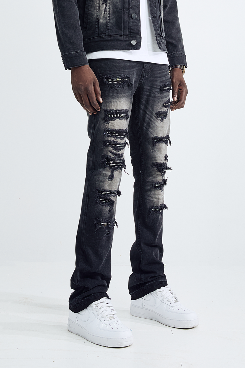 (Set Up) Washed Denim Flare Jeans - Black