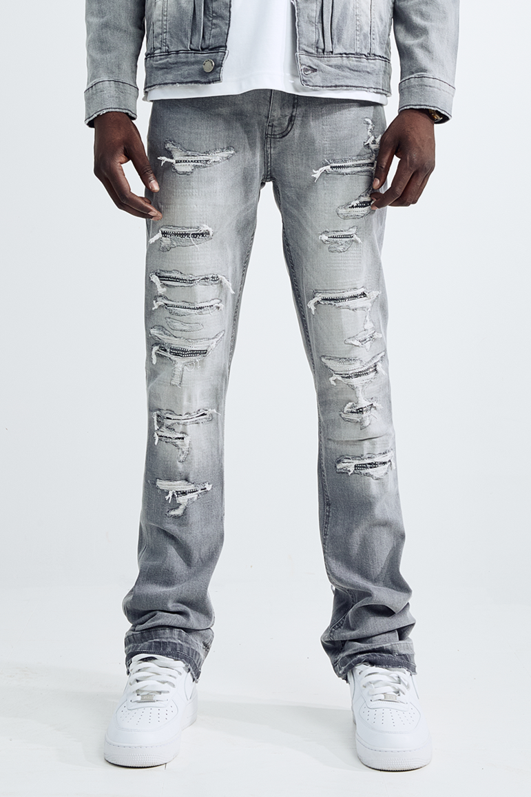 (Set Up) Washed Denim Flare Jeans - Gray