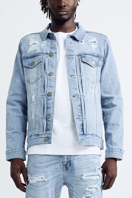 (Set Up) Washed Denim Trucker Jacket - Light Blue