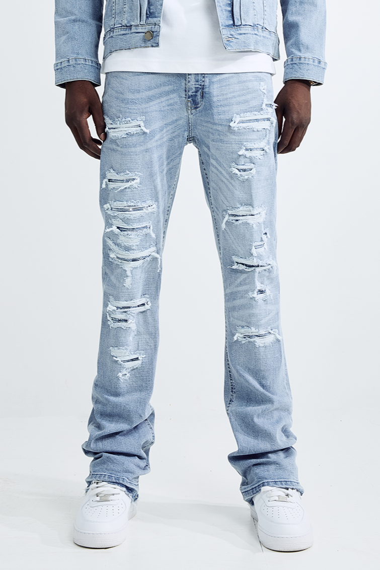 (Set Up) Washed Denim Flare Jeans - Light Blue