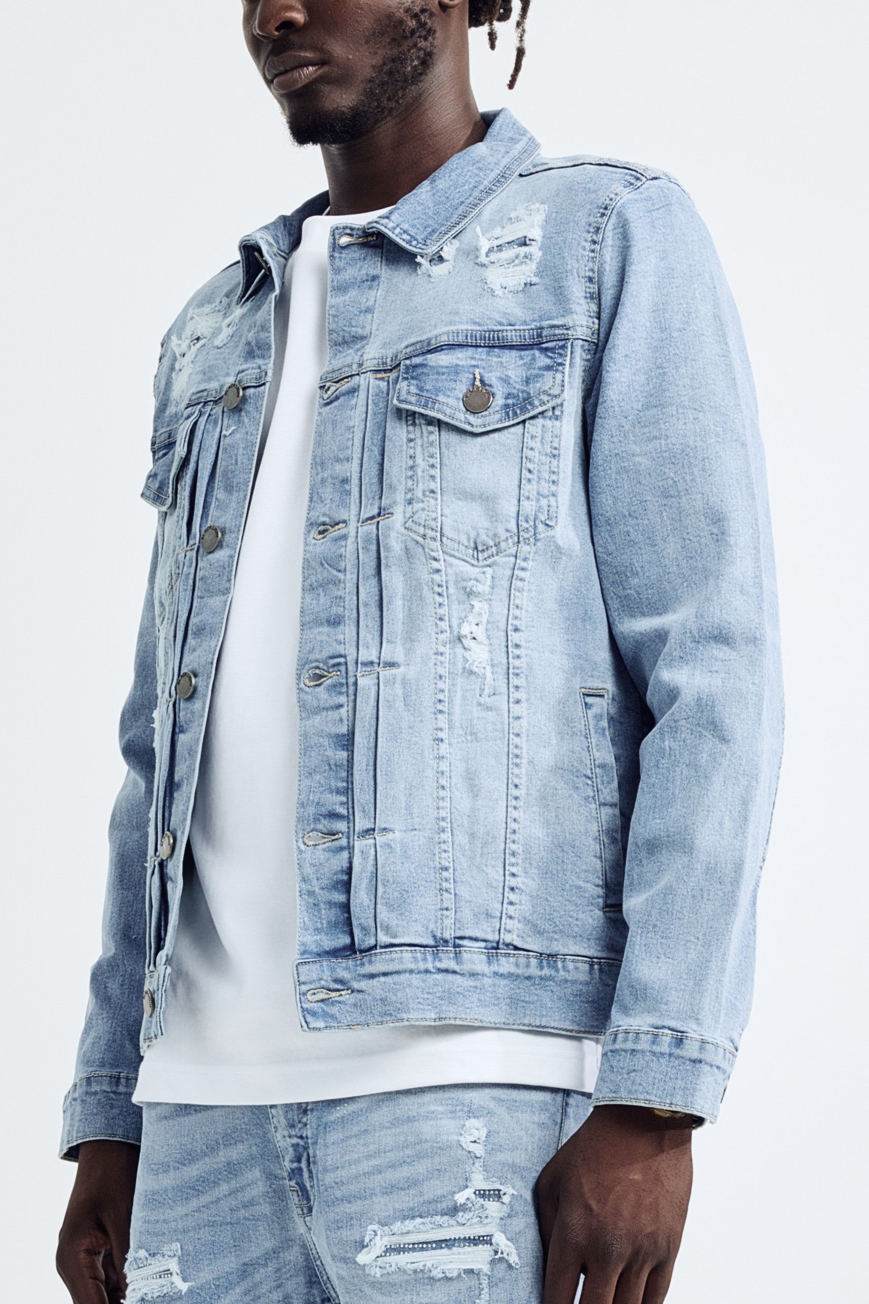 (Set Up) Washed Denim Trucker Jacket - Light Blue