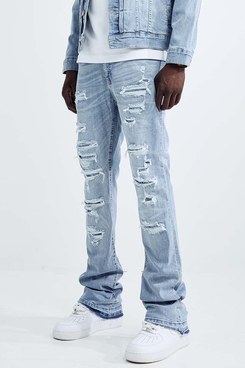 (Set Up) Washed Denim Flare Jeans - Light Blue