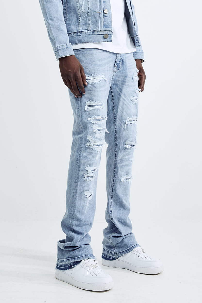 (Set Up) Washed Denim Flare Jeans - Light Blue