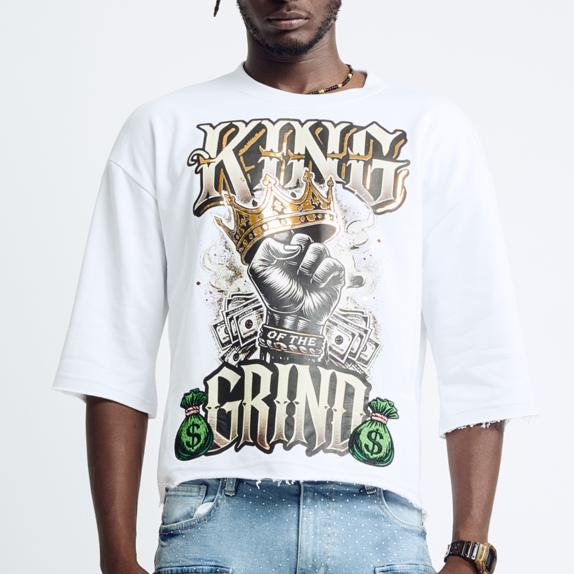 Black Light Men's 3/4 Sleeve Young King Graphic Tee - White
