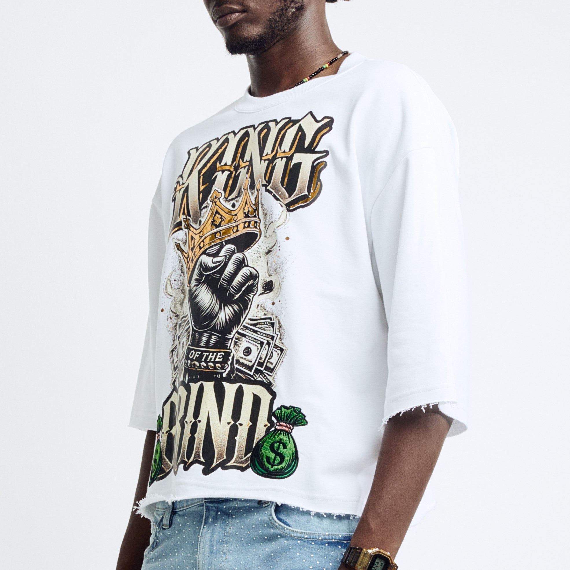Black Light Men's 3/4 Sleeve Young King Graphic Tee - White