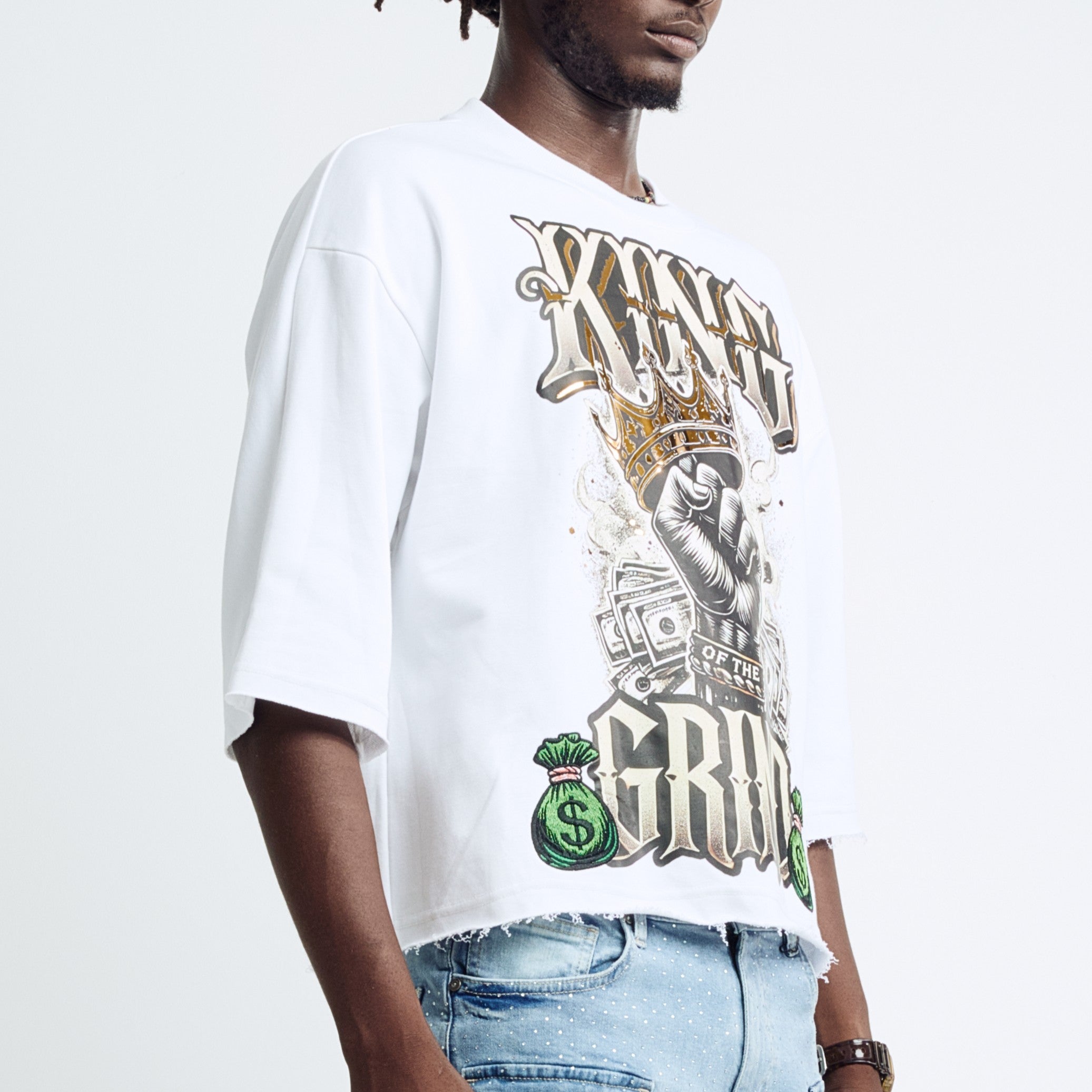 Black Light Men's 3/4 Sleeve Young King Graphic Tee - White