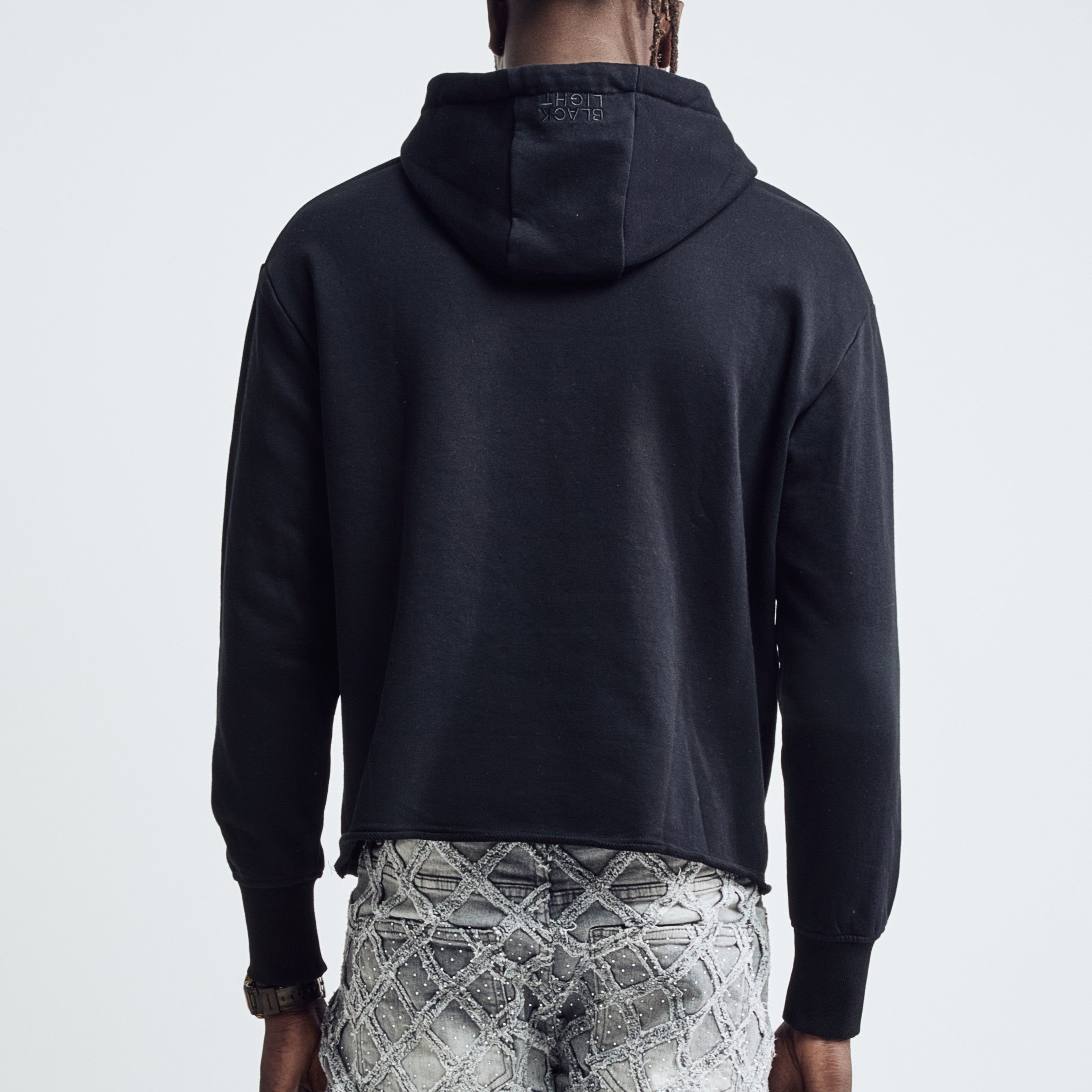 Black Light Men's Distressed Cropped Drop Shoulder Hoodie - Black