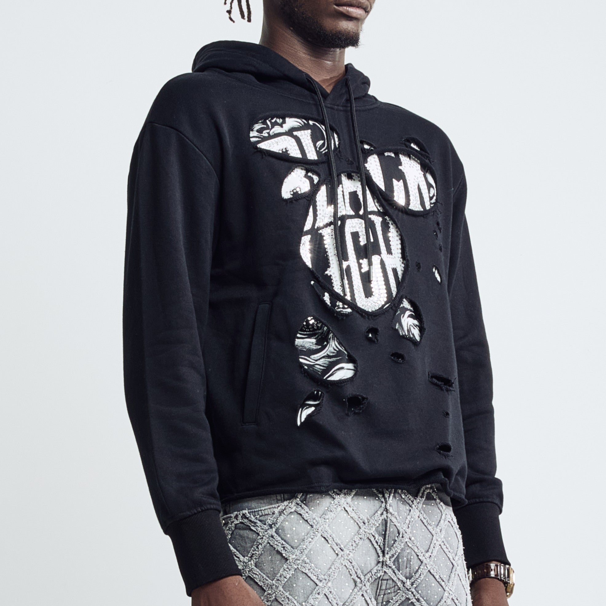 DISTRESSED HOODIE - BLACK