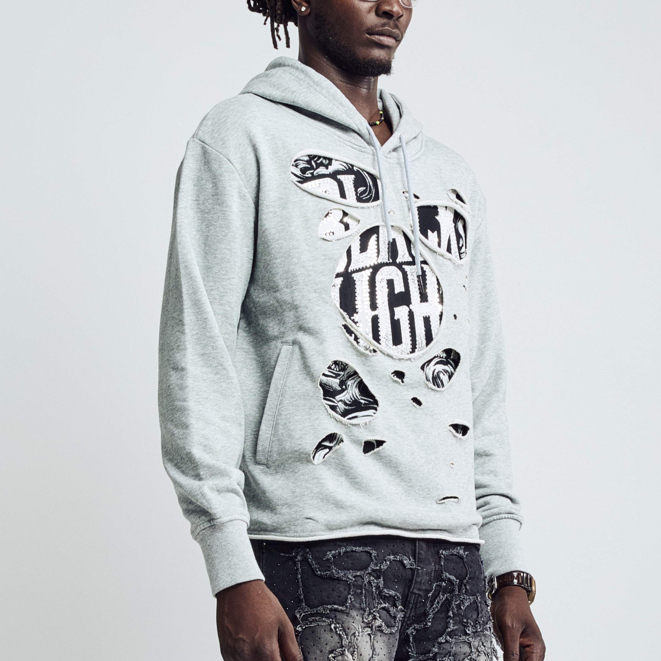 Black Light Distressed Cropped Drop Shoulder Hoodie - Heather Grey