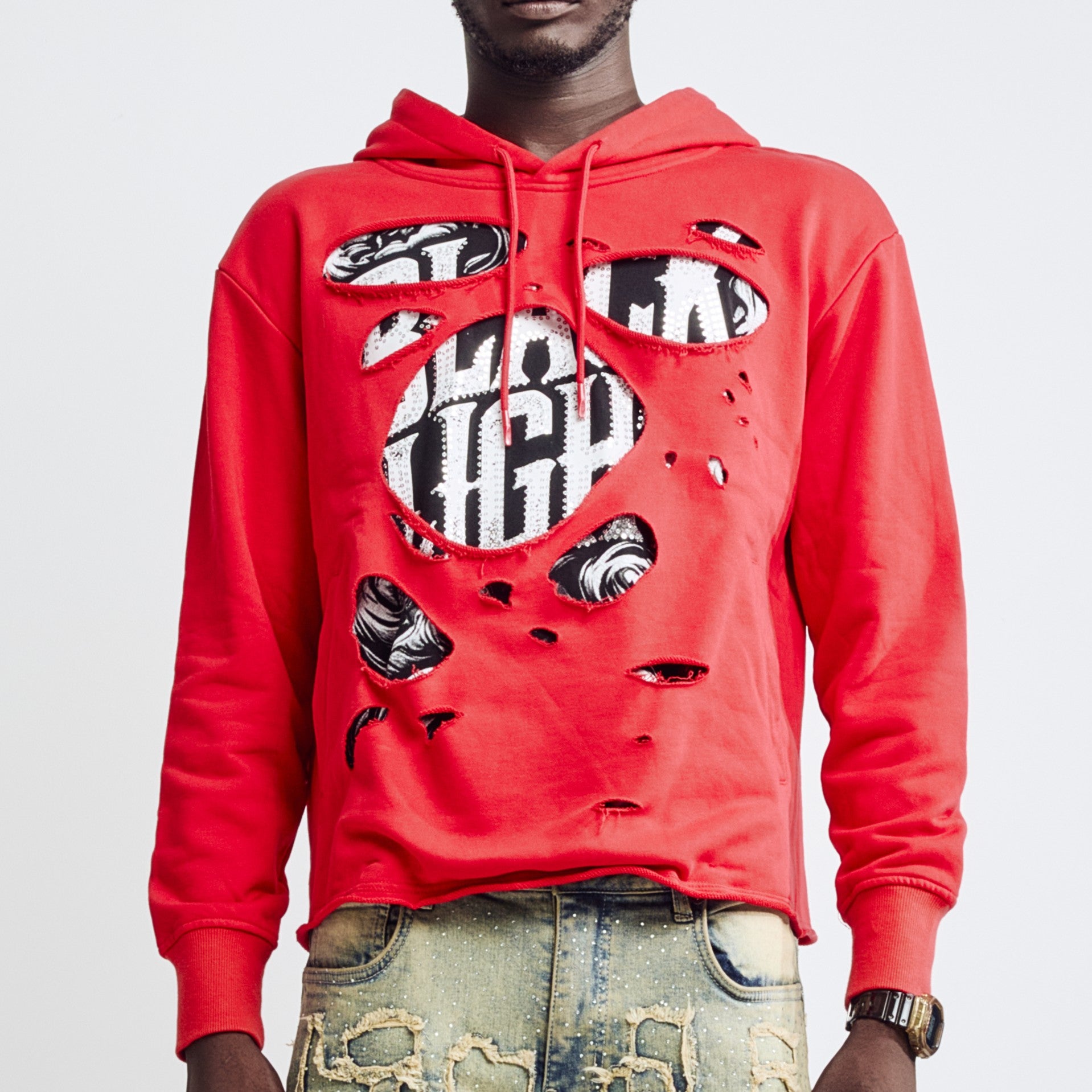 Black Light Men's Distressed Cropped Drop Shoulder Hoodie - Red