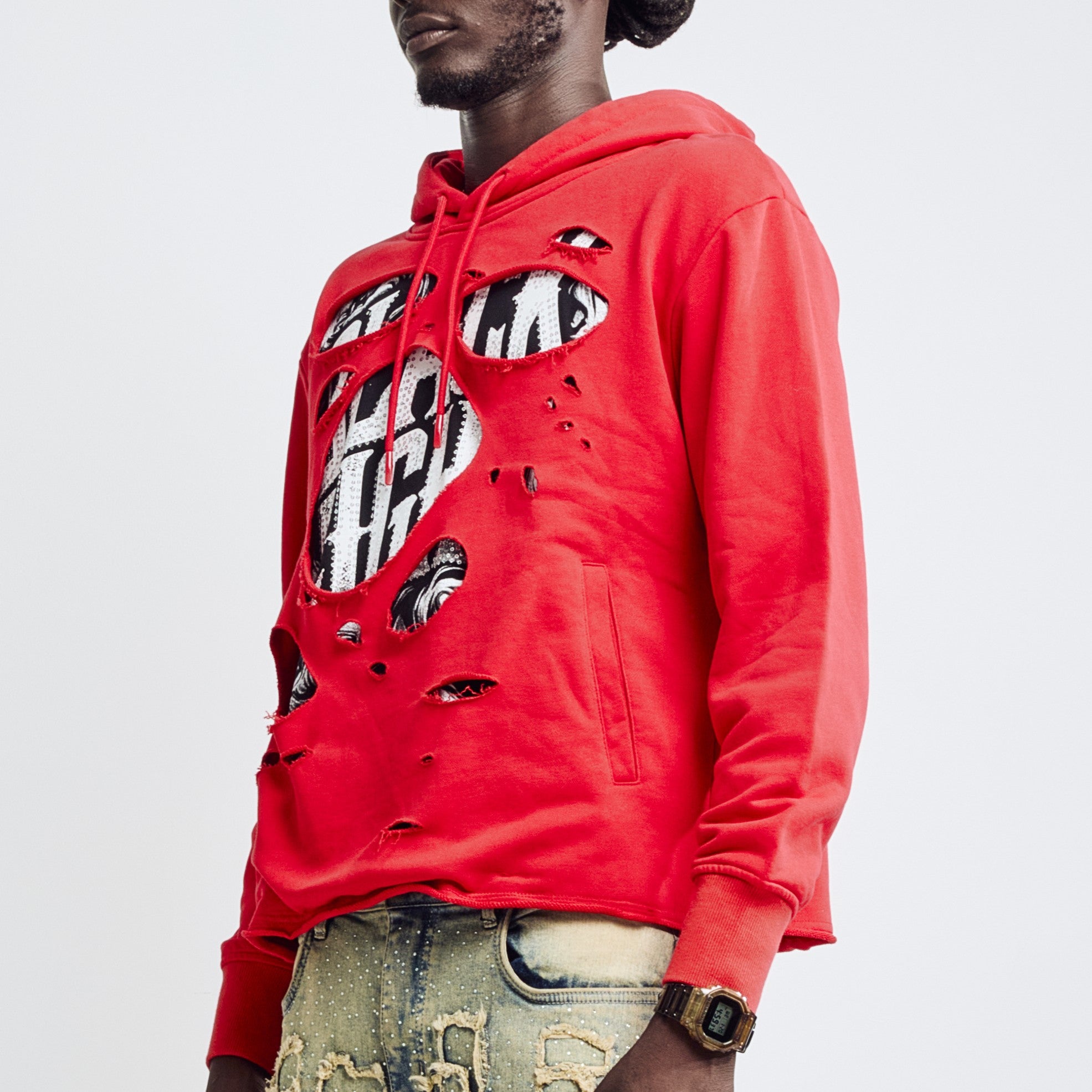 DISTRESSED HOODIE - RED
