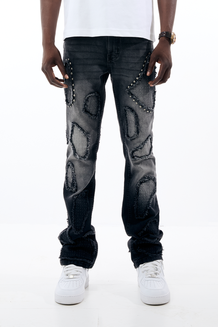 Black Light Island Stud Unique Patchwork Flare Fit Jeans - Black
