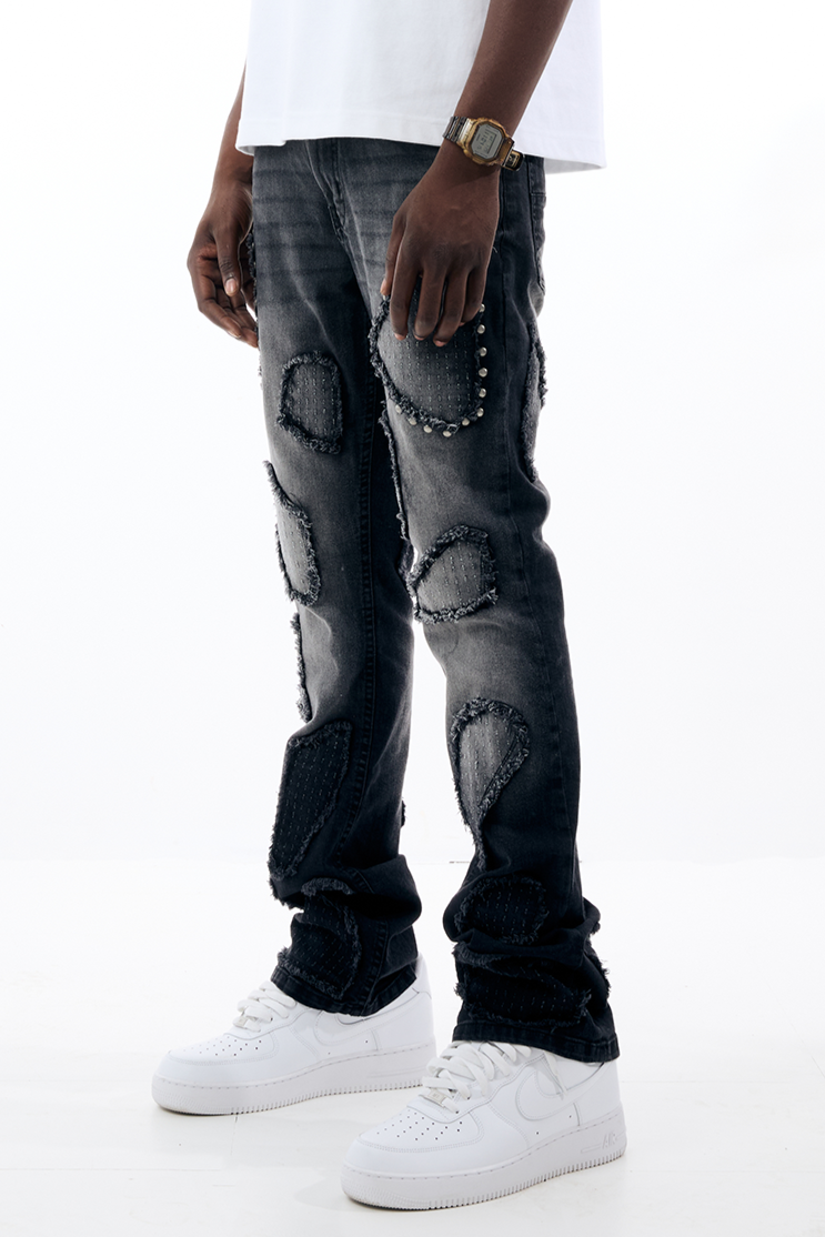 Black Light Island Stud Unique Patchwork Flare Fit Jeans - Black