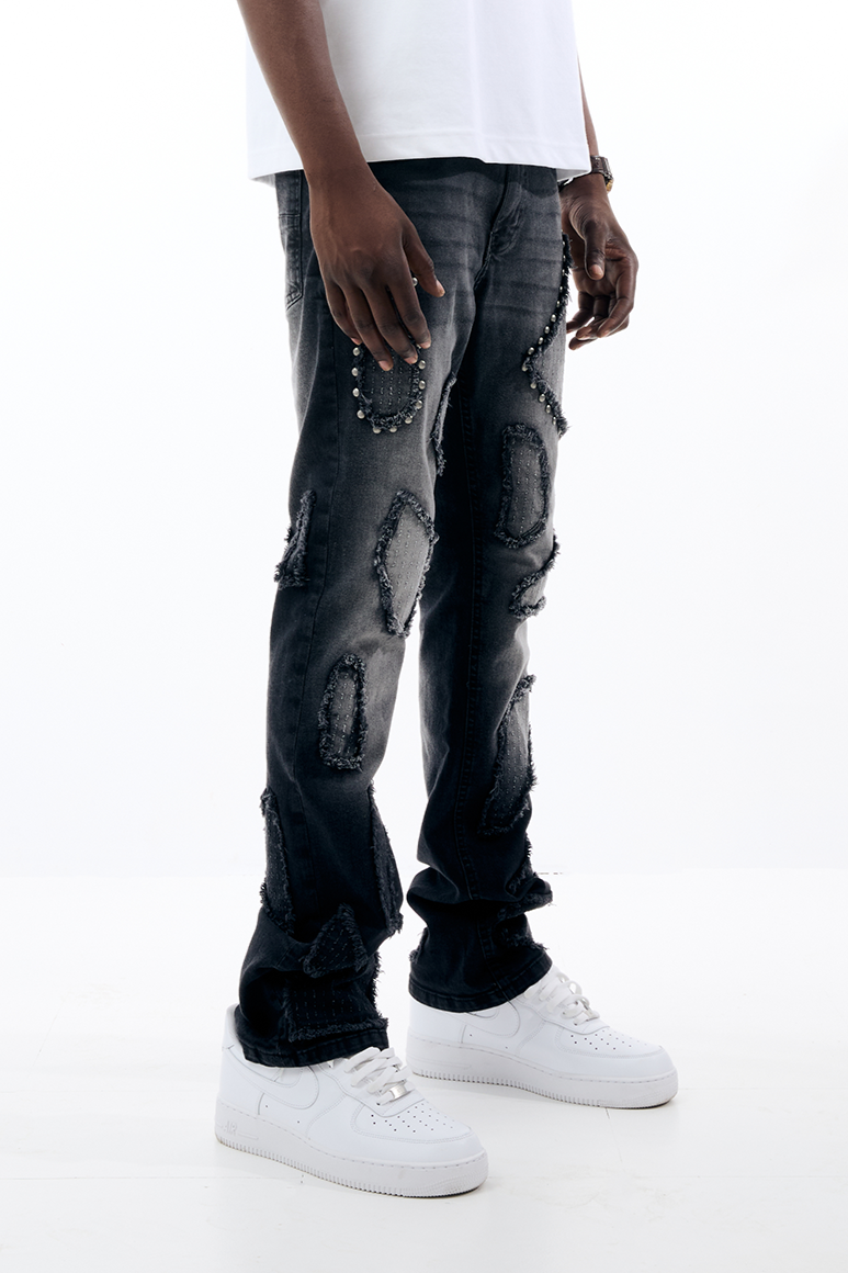 Black Light Island Stud Unique Patchwork Flare Fit Jeans - Black