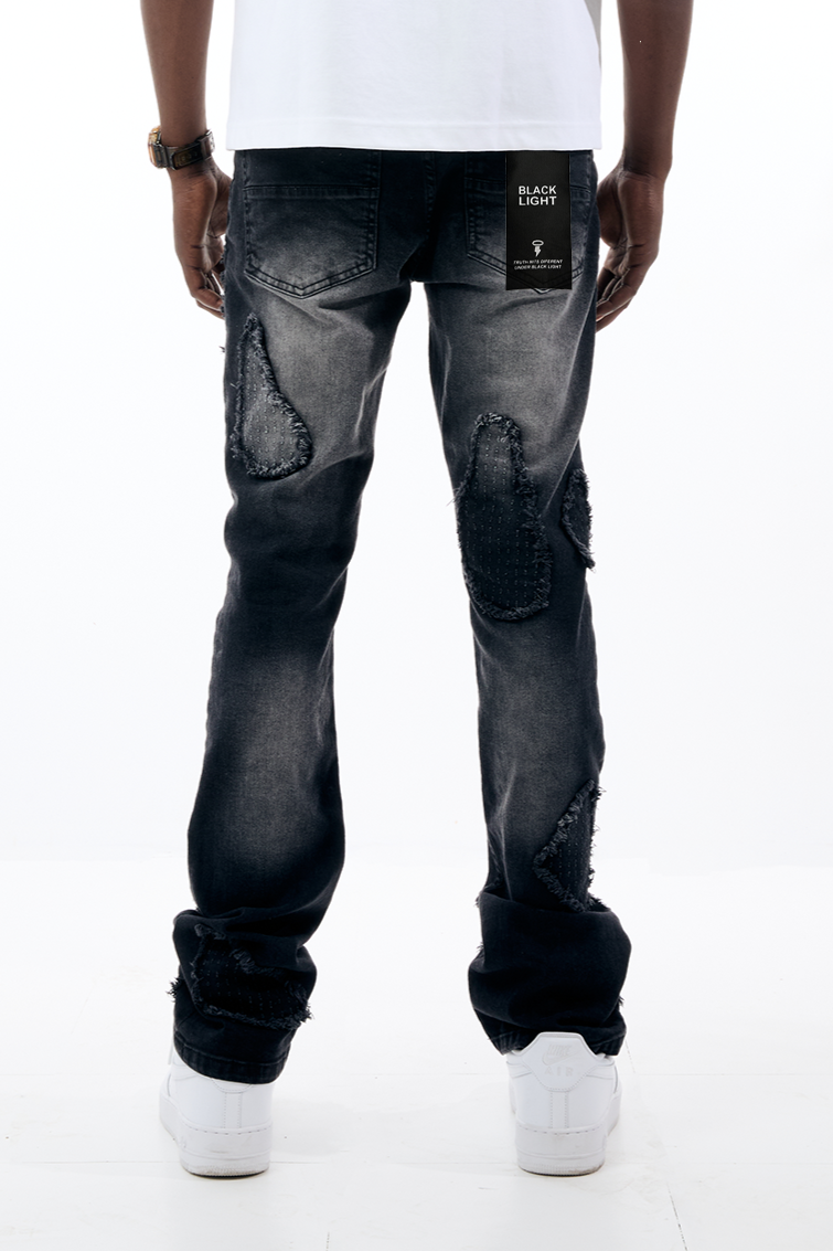 Black Light Island Stud Unique Patchwork Flare Fit Jeans - Black