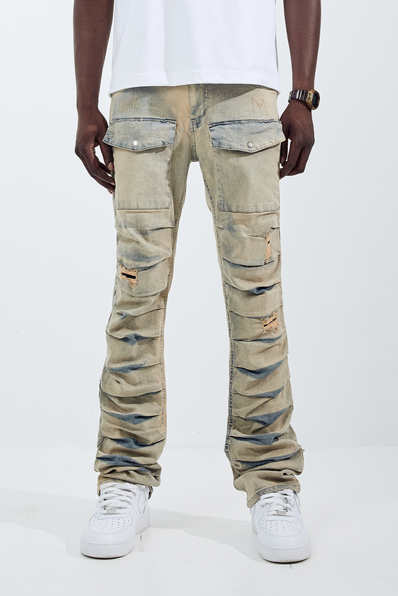 Black Light Flare Fit Ripple Jeans - Mud Tint Blue