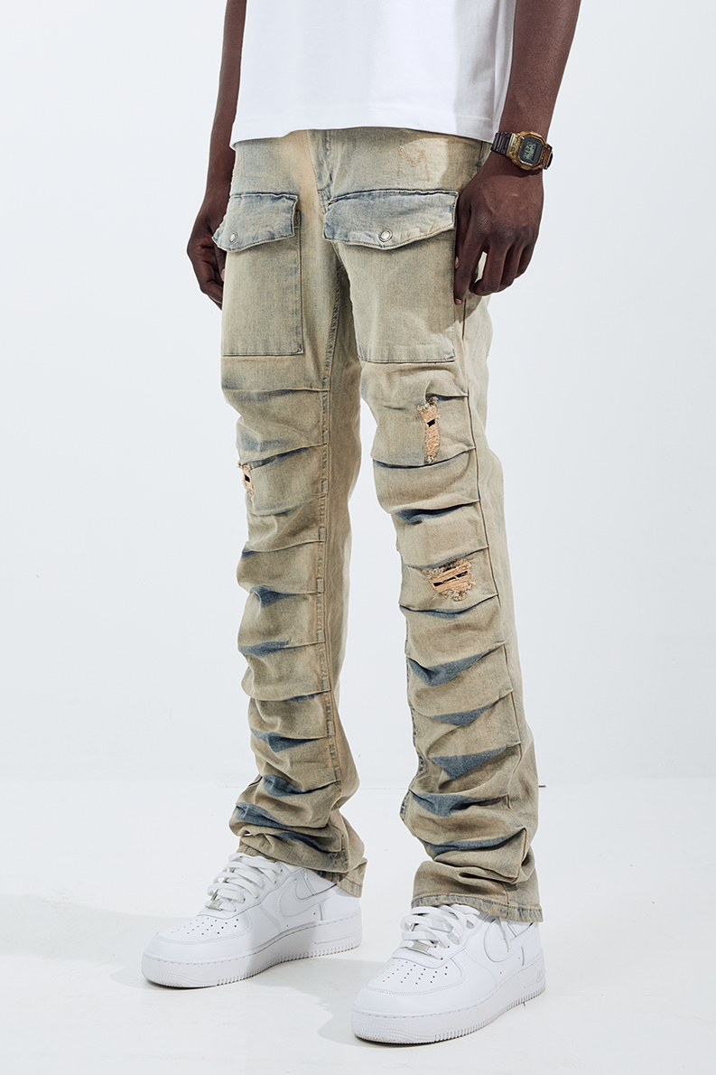 Black Light Flare Fit Ripple Jeans - Mud Tint Blue