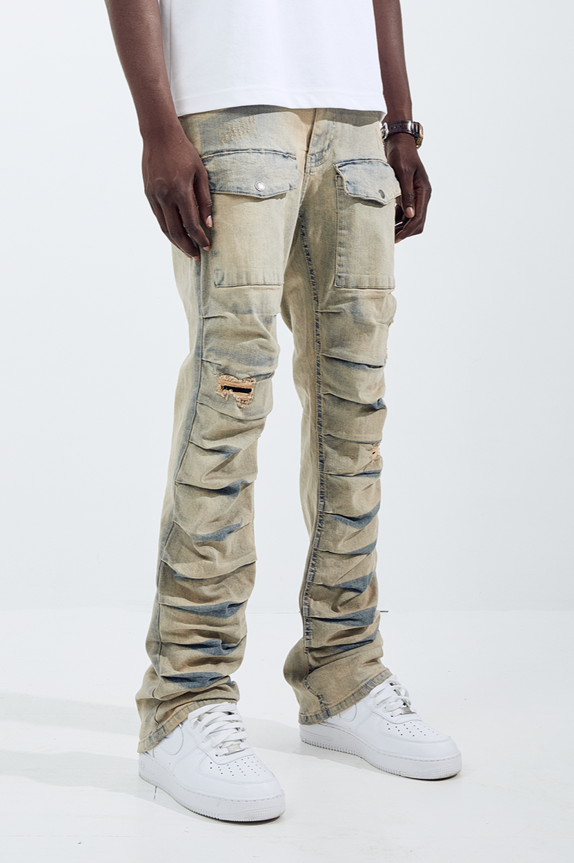 Black Light Flare Fit Ripple Jeans - Mud Tint Blue