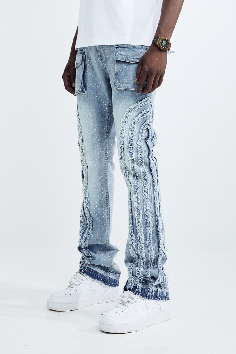 Black Light Men's Flare Fit Waterfall Jeans - Medium Blue