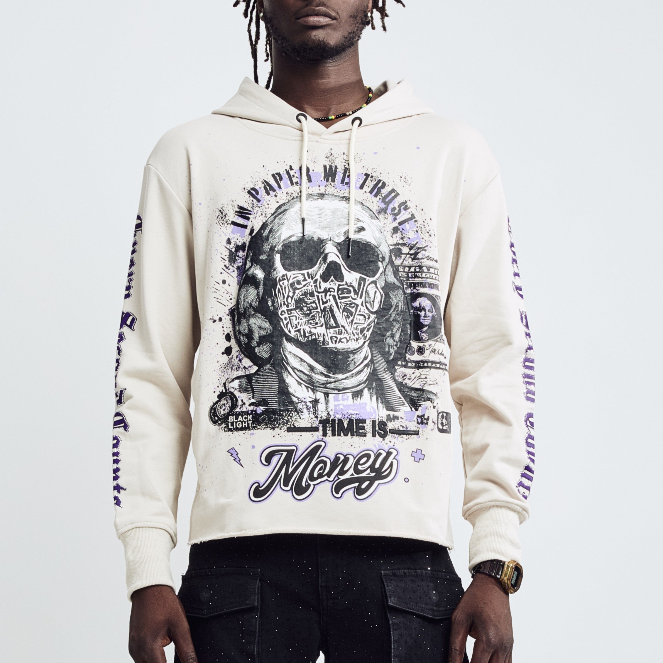 Black Light Men's Long Sleeve Money Grab Graphic Hoodie - Cream